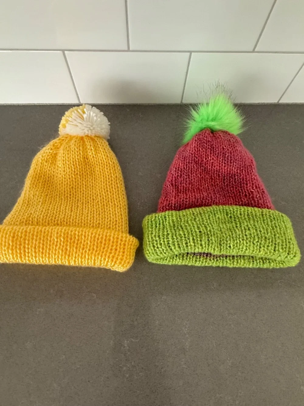 2 Little Girl Handmade Knit Beanie Hats-Barely worn